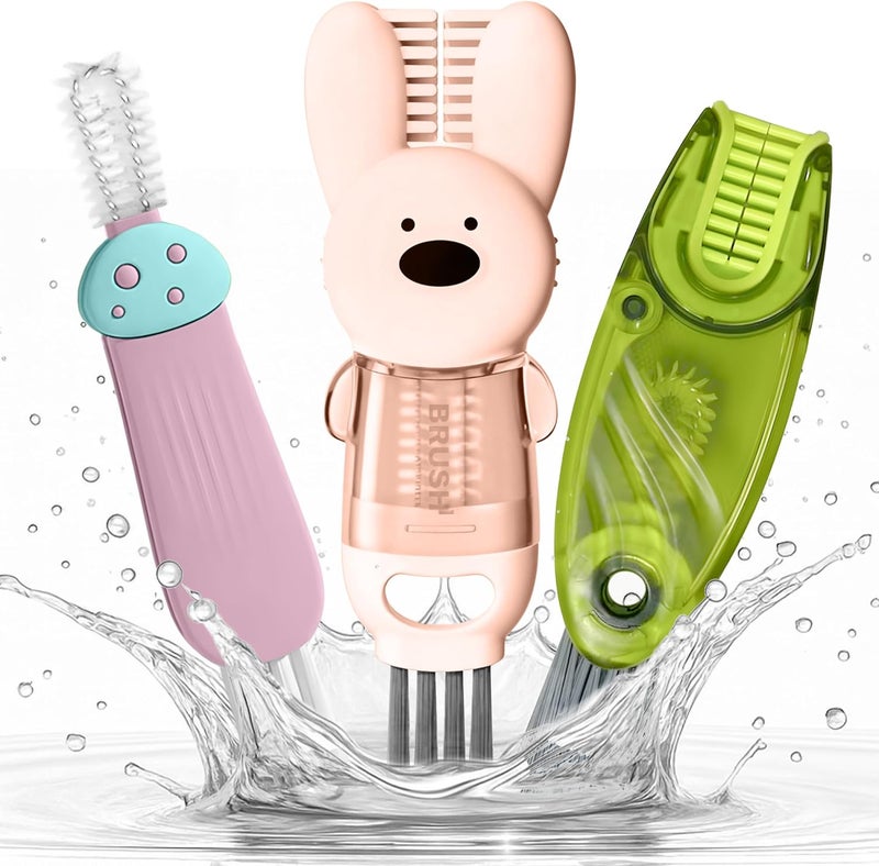 ANSOTHIN Cup Lid Cleaning Brush, Multifunctional Set with 3 in 1 Lid Cleaner and Two 4 in 1 Cup Lid Cleaning Brushes, Cleaning Brush Tool for Bottles, Straws, Tumblers, Travel Mug Caps, Portable Kit (Pink) - Image 1